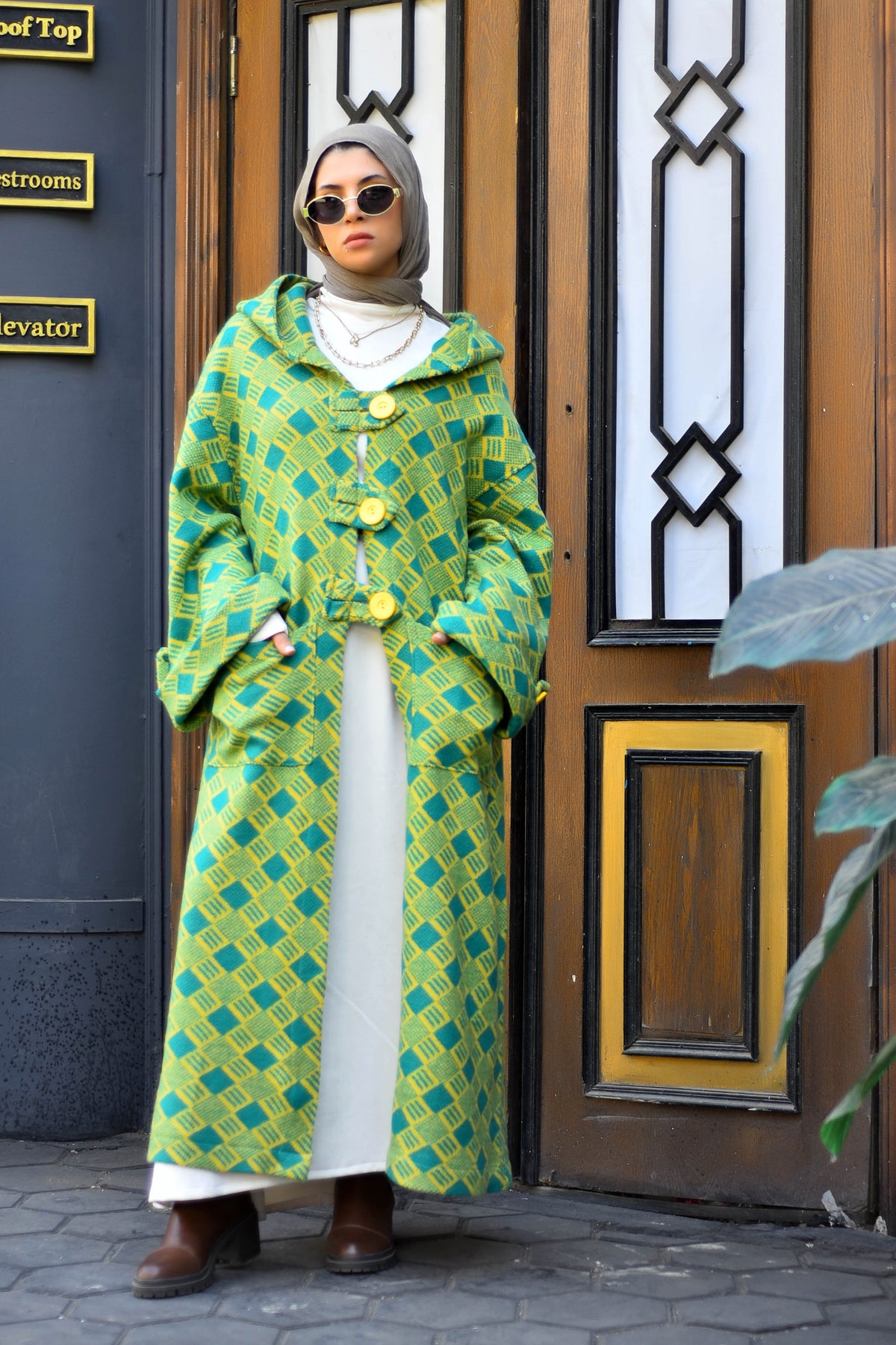 Emerald Mosaic Hooded Winter Cardigan - كارديجان الزمرد الشتوي بغطاء رأس